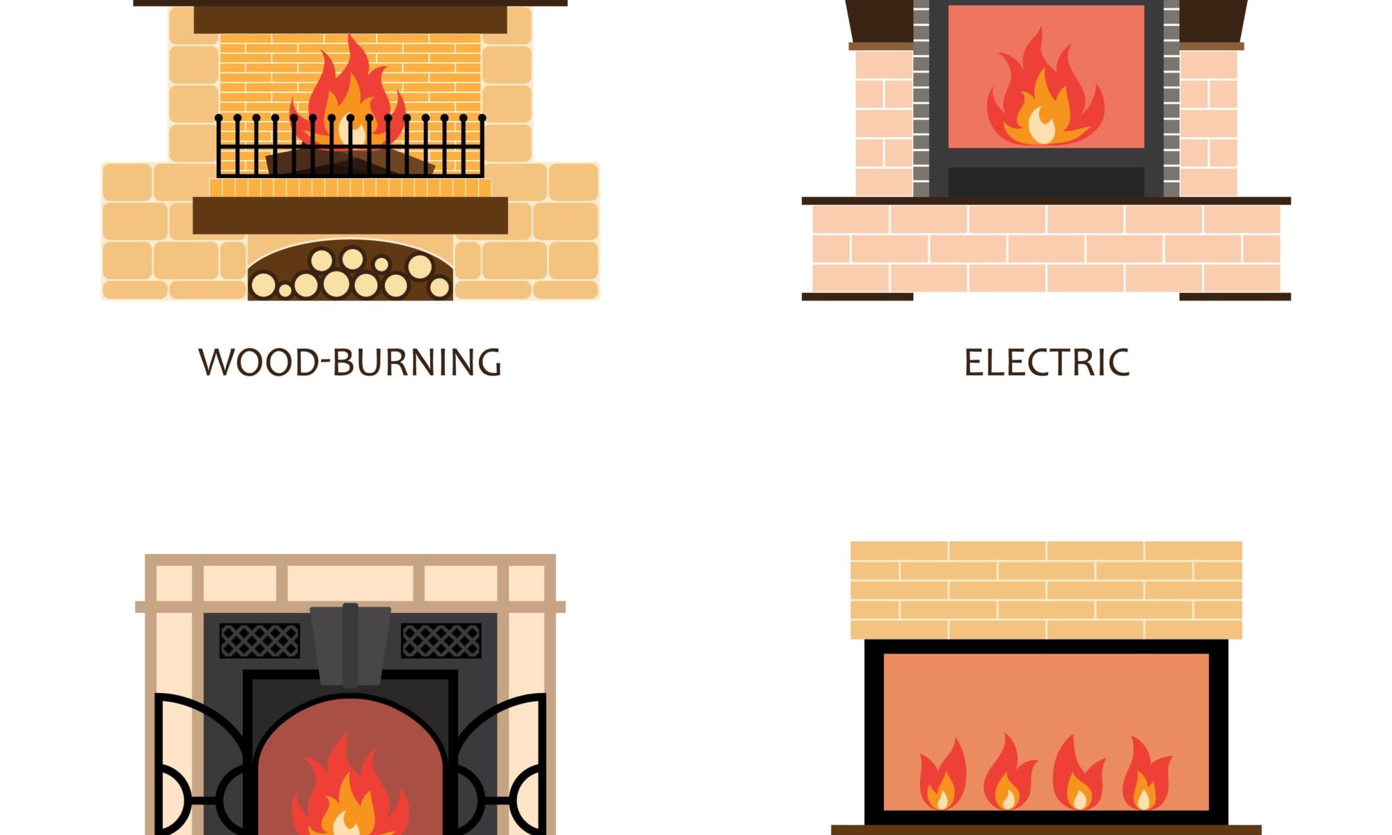 Set of vector fireplace colored icons. Elements of home design. Interior fireplaces collection. Fireplaces isolated. Flat style