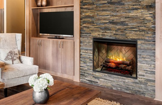 modern built-in Revillusion fireplace